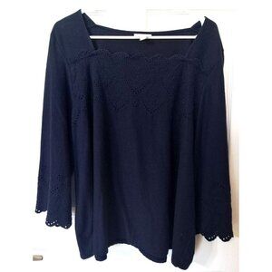 J.Jill Women's XL Petite Long Sleeve Navy Eyelet Edged Square Neck Top